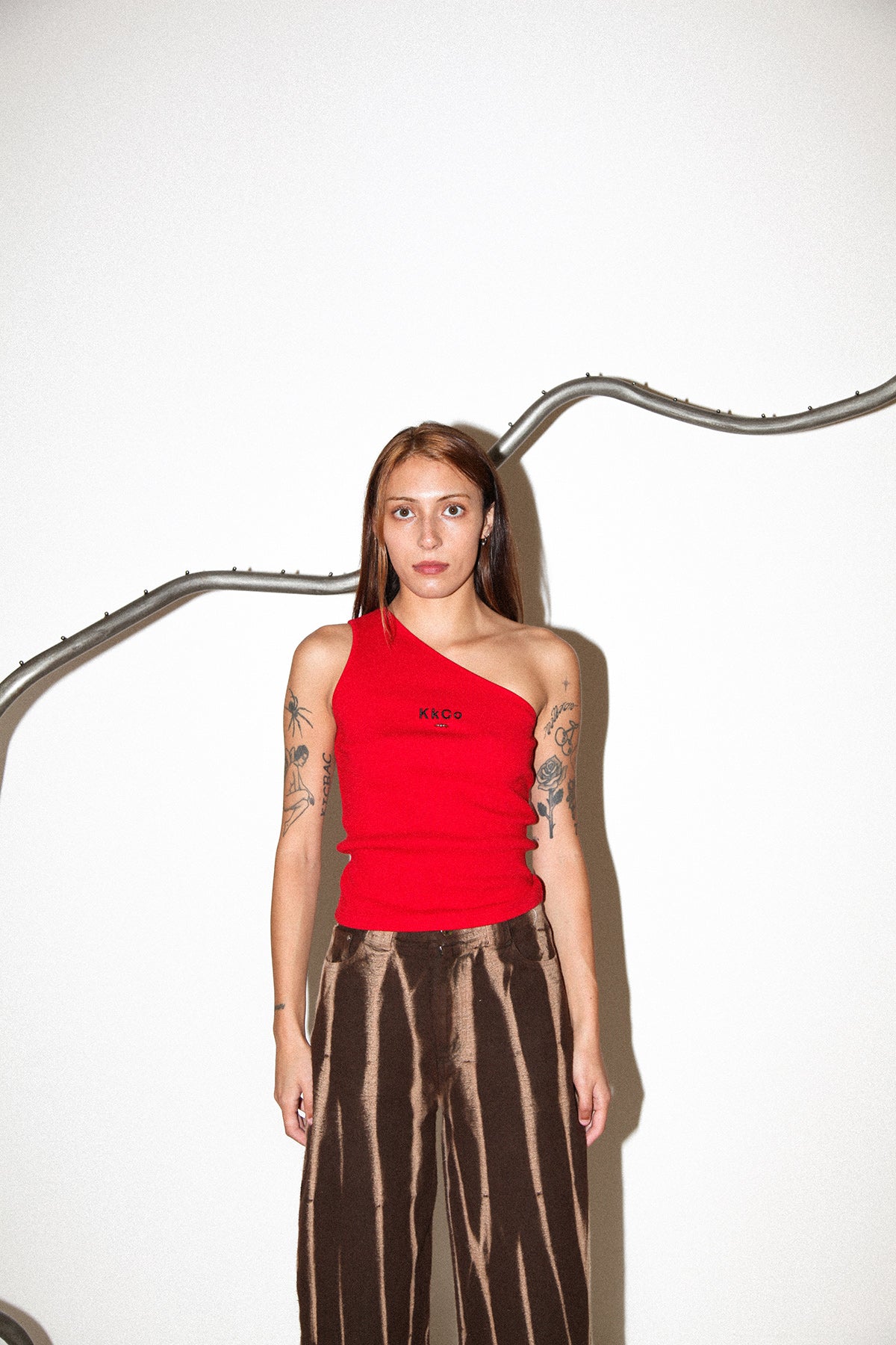 Pierced One Shoulder Rib Tank in Red
