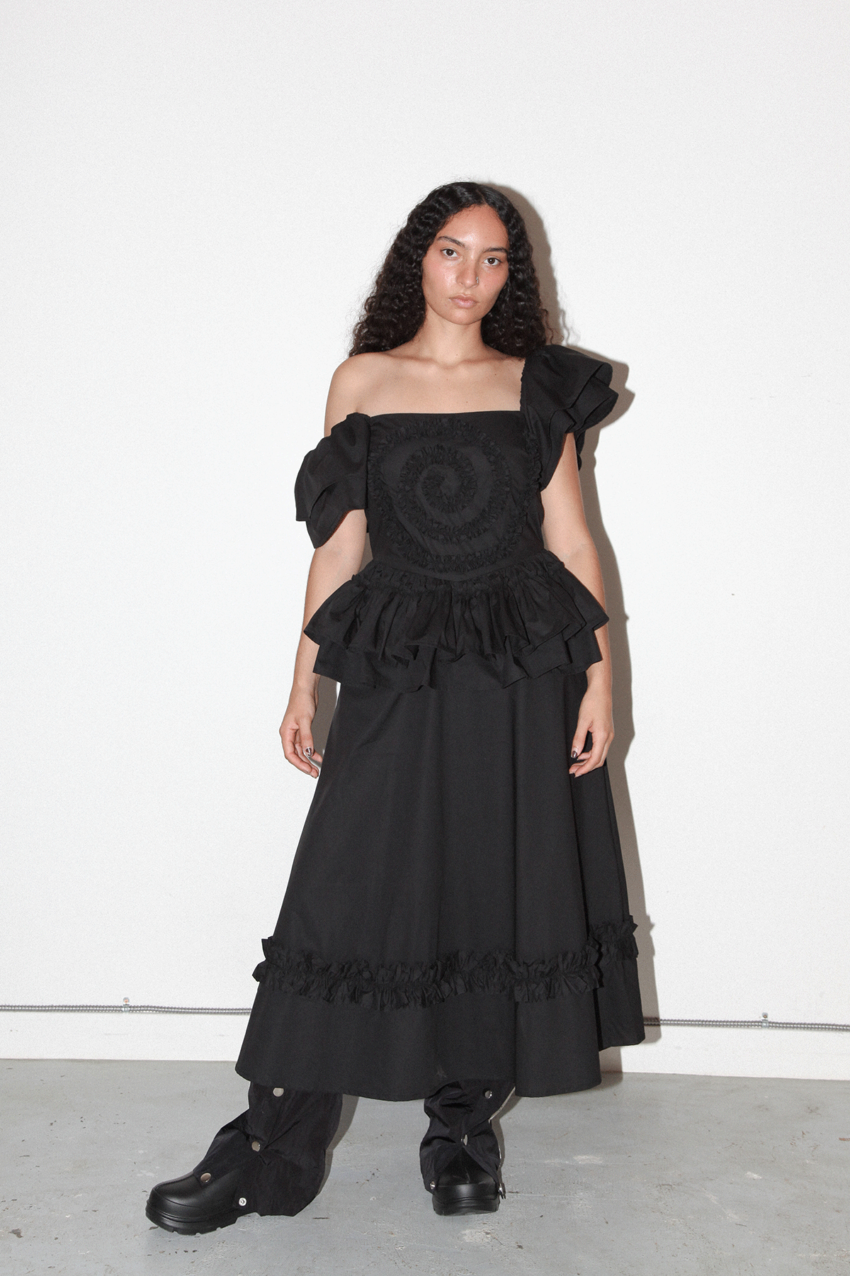 Spiral Ruffle Dress in Onyx