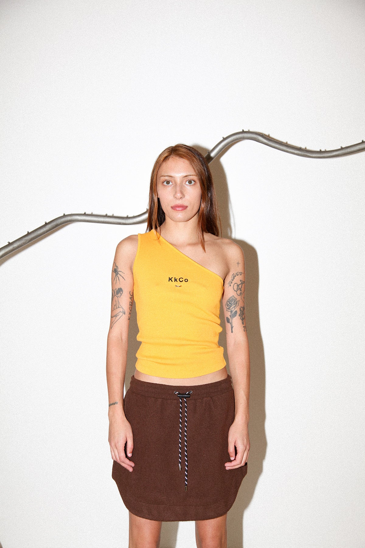 Pierced One Shoulder Rib Tank in Marigold