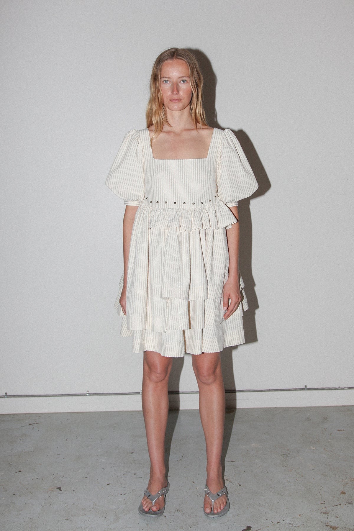 Rivet Cascade Dress in Striped Natural