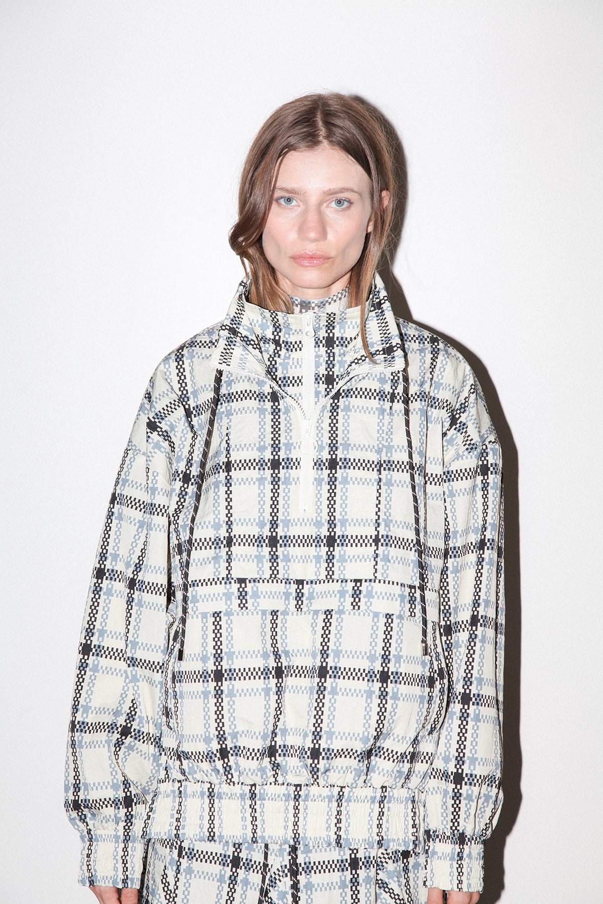 Plaid Trail Double Mockneck in Ecru Plaid