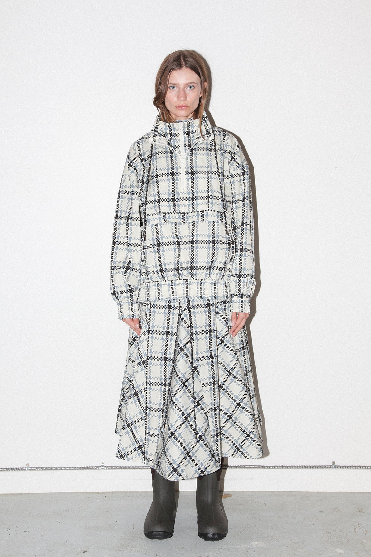 Plaid Trail Double Mockneck in Ecru Plaid