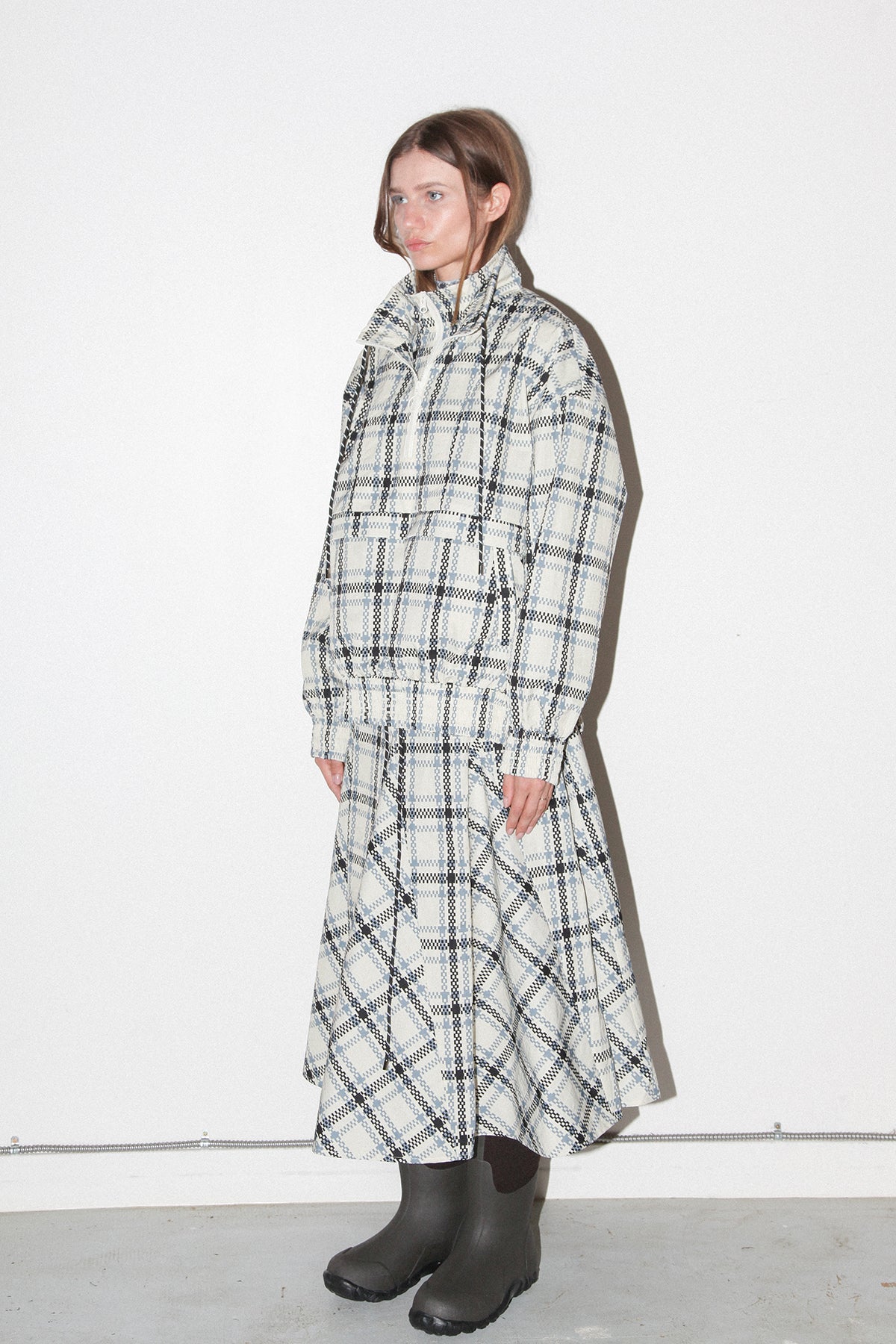 Plaid Trail Double Mockneck in Ecru Plaid