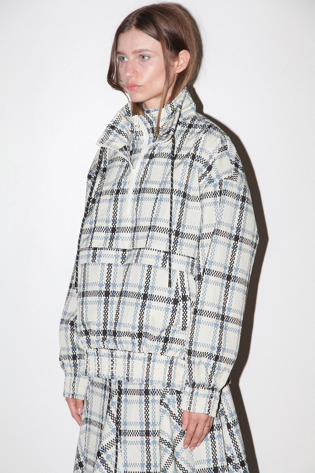 Plaid Trail Double Mockneck in Ecru Plaid