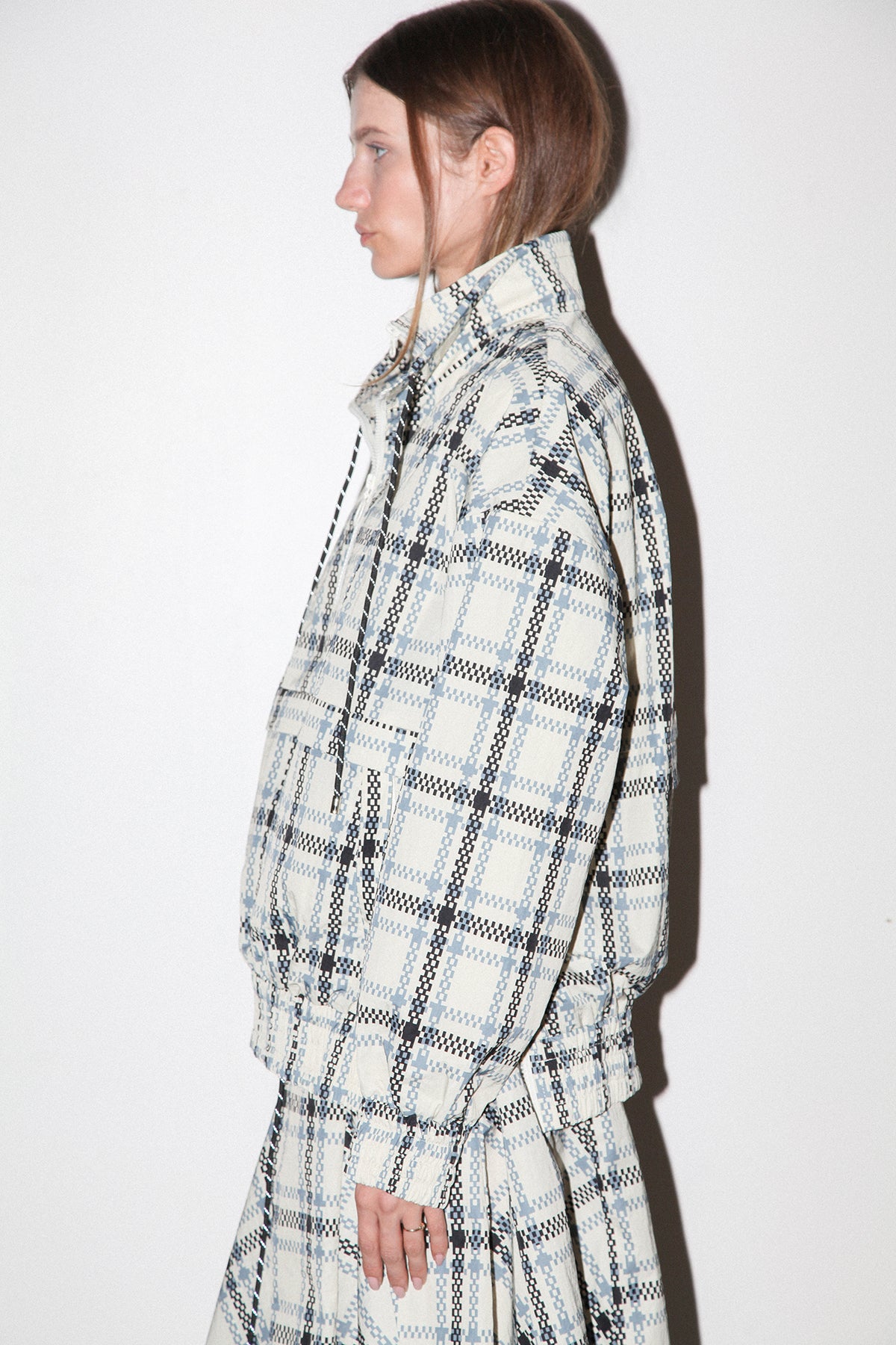 Plaid Trail Double Mockneck in Ecru Plaid