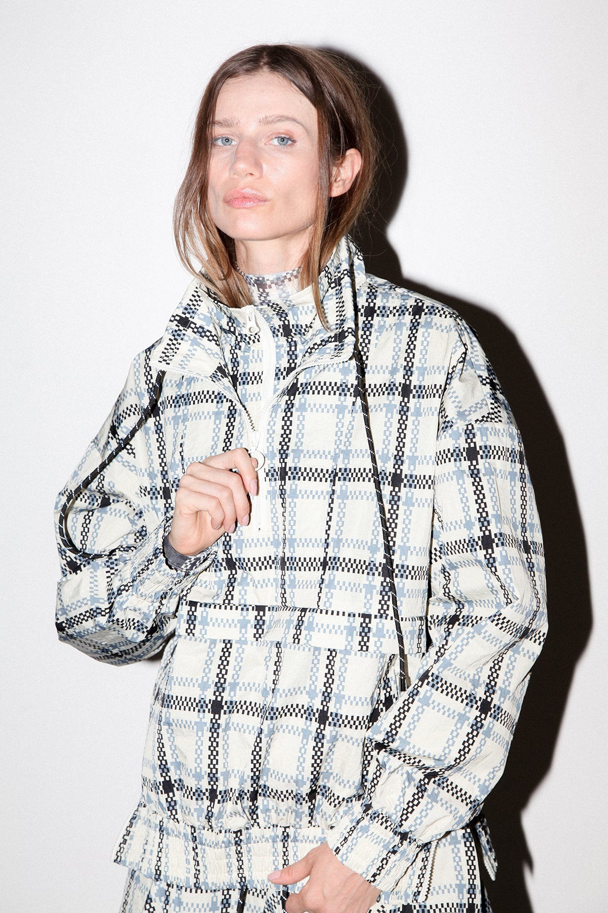 Plaid Trail Double Mockneck in Ecru Plaid