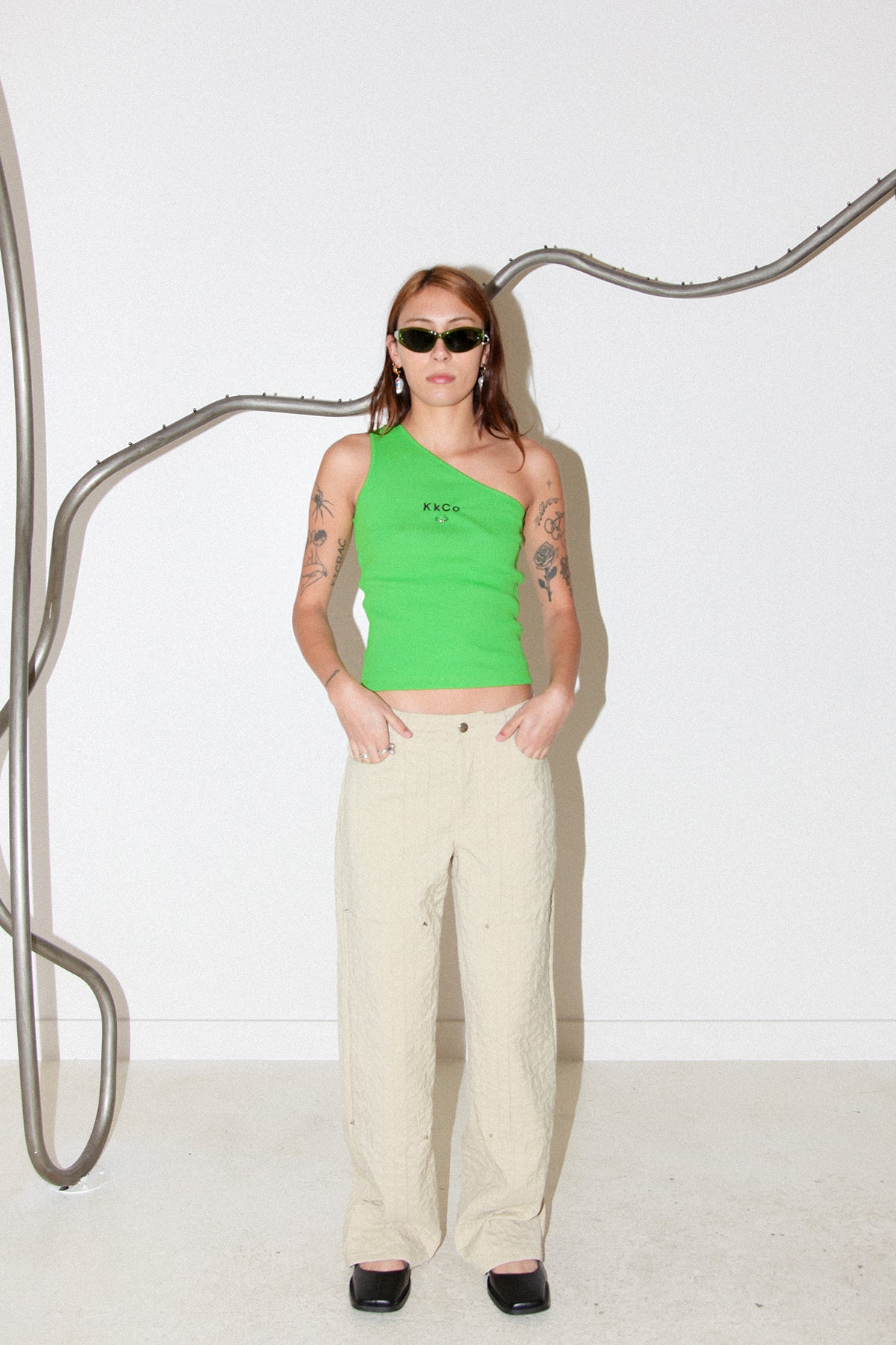 Pierced One Shoulder Rib Tank in Lime