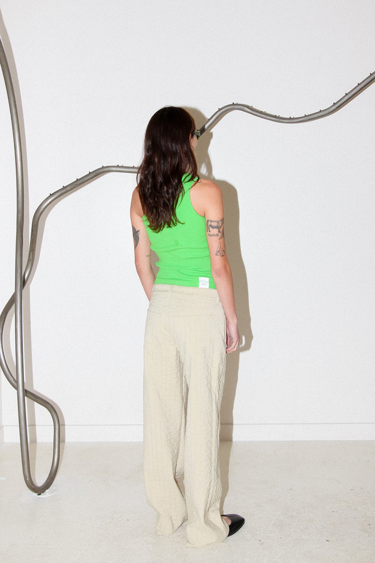 Pierced One Shoulder Rib Tank in Lime