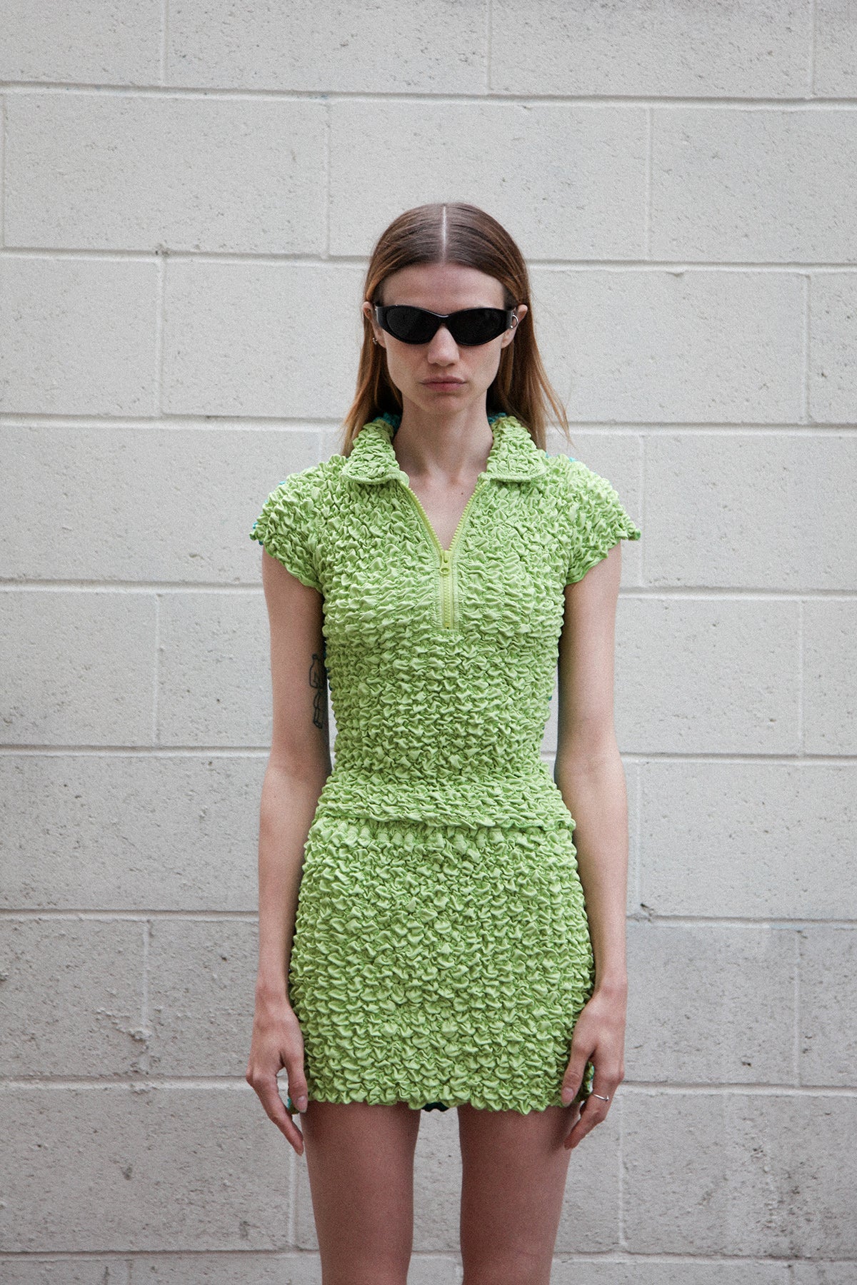 Split Popcorn Mini Skirt in Lime & Aqua
