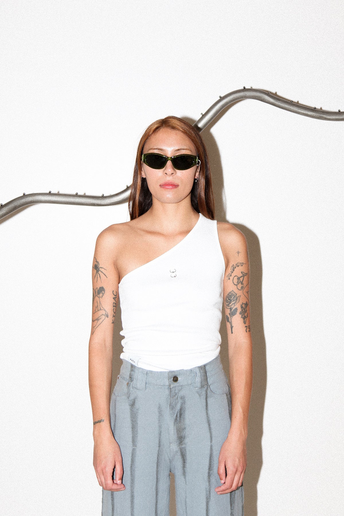 Pierced One Shoulder Rib Tank in White