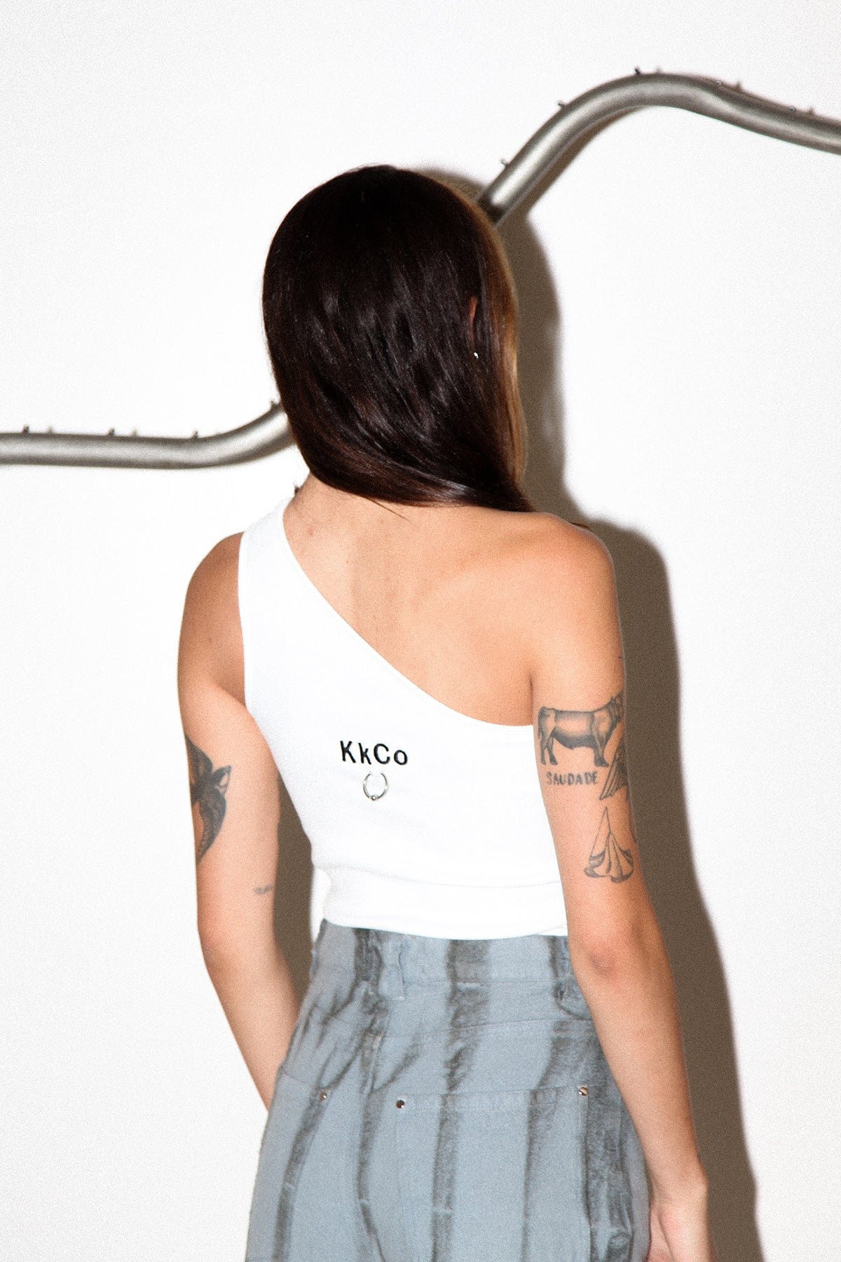 Pierced One Shoulder Rib Tank in White