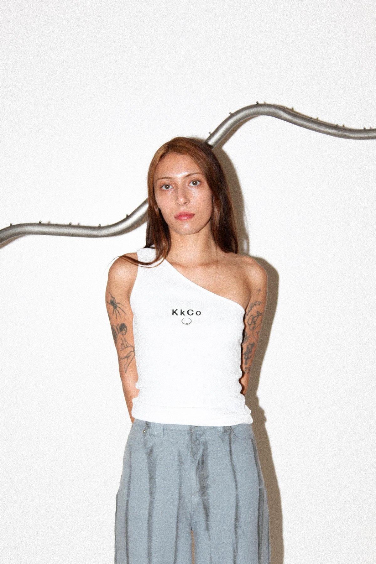 Pierced One Shoulder Rib Tank in White