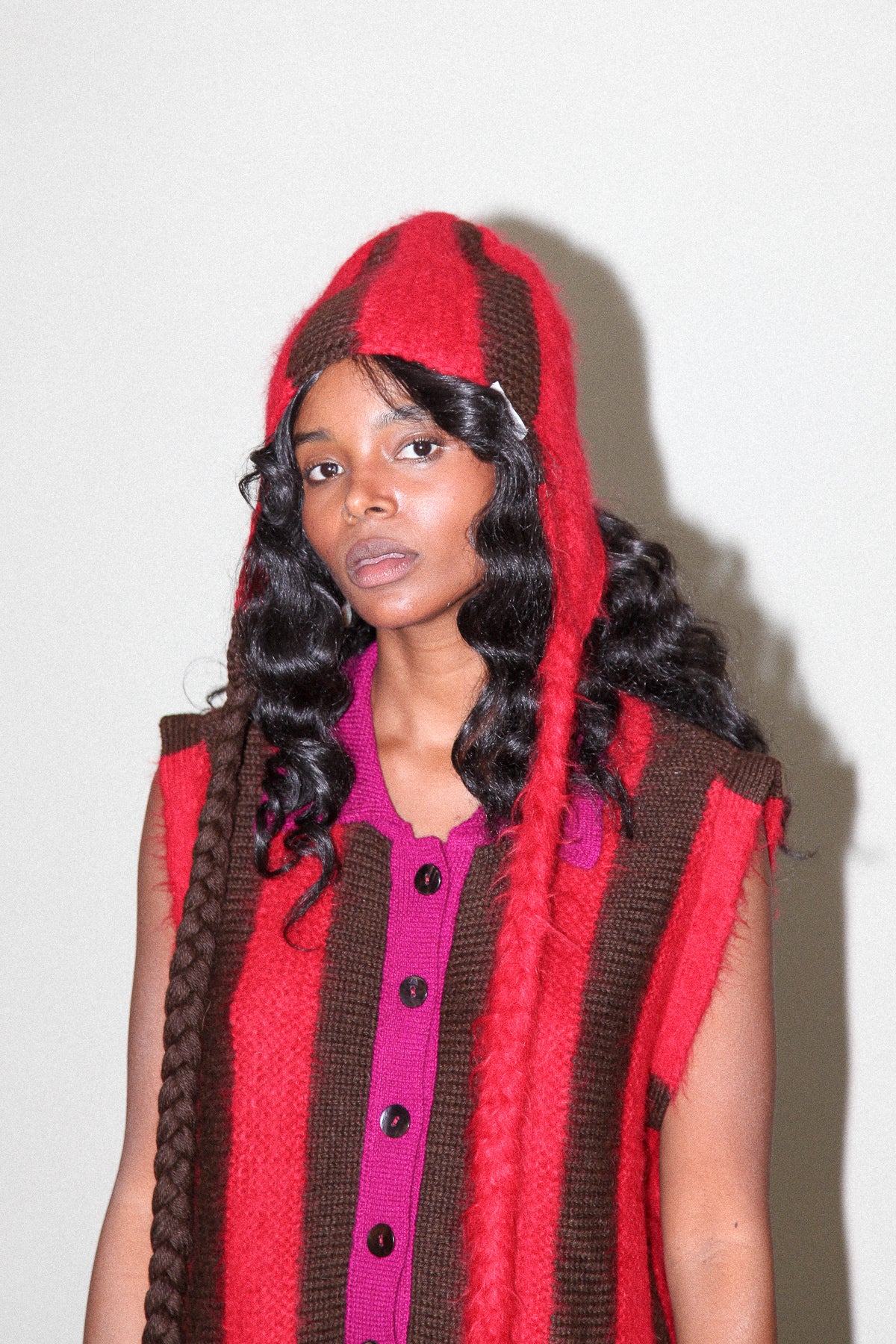 Fuzz Striped Earflap Beanie in Cherry Chocolate