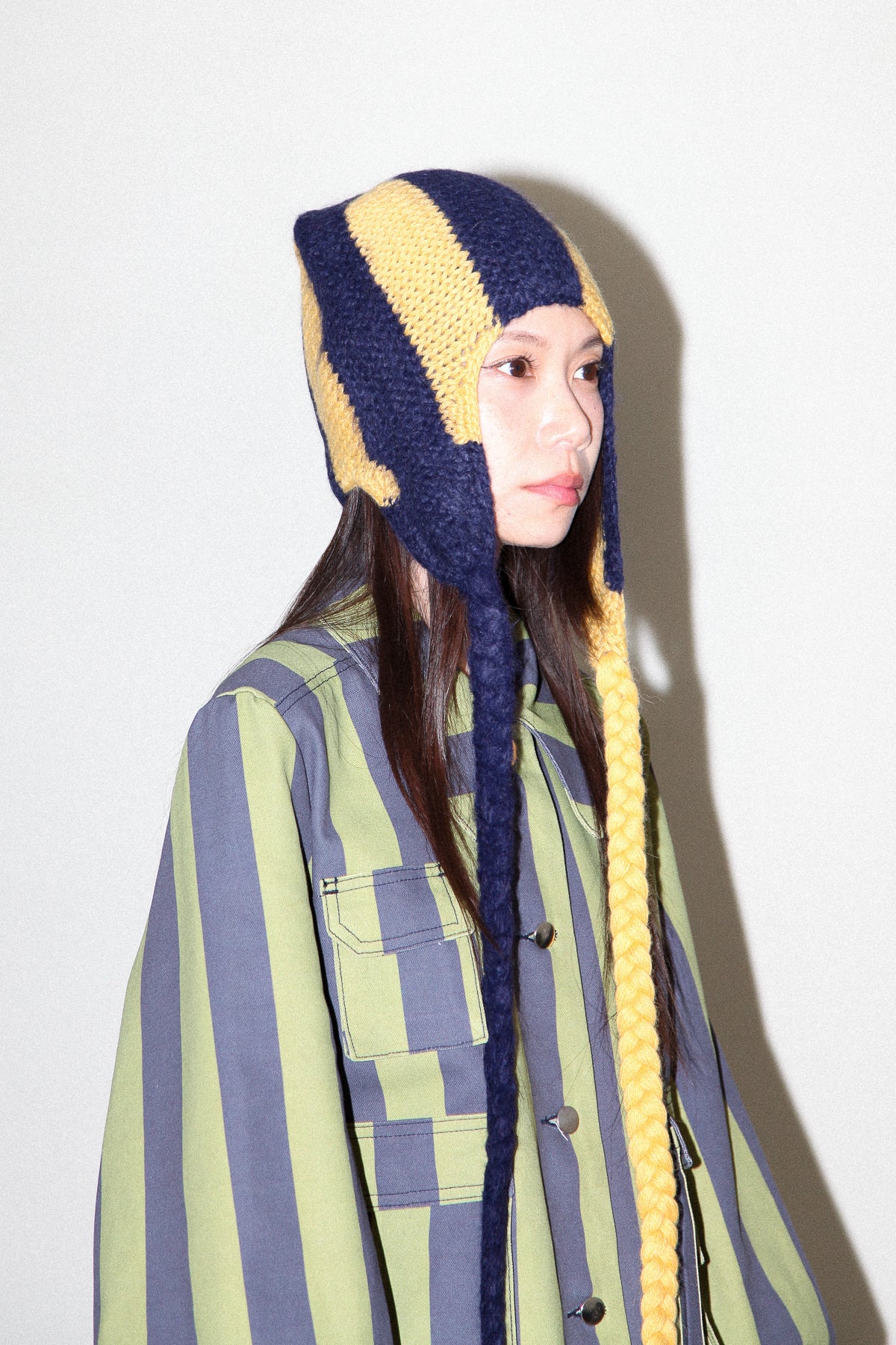 Fuzz Striped Earflap Beanie in Marigold Navy
