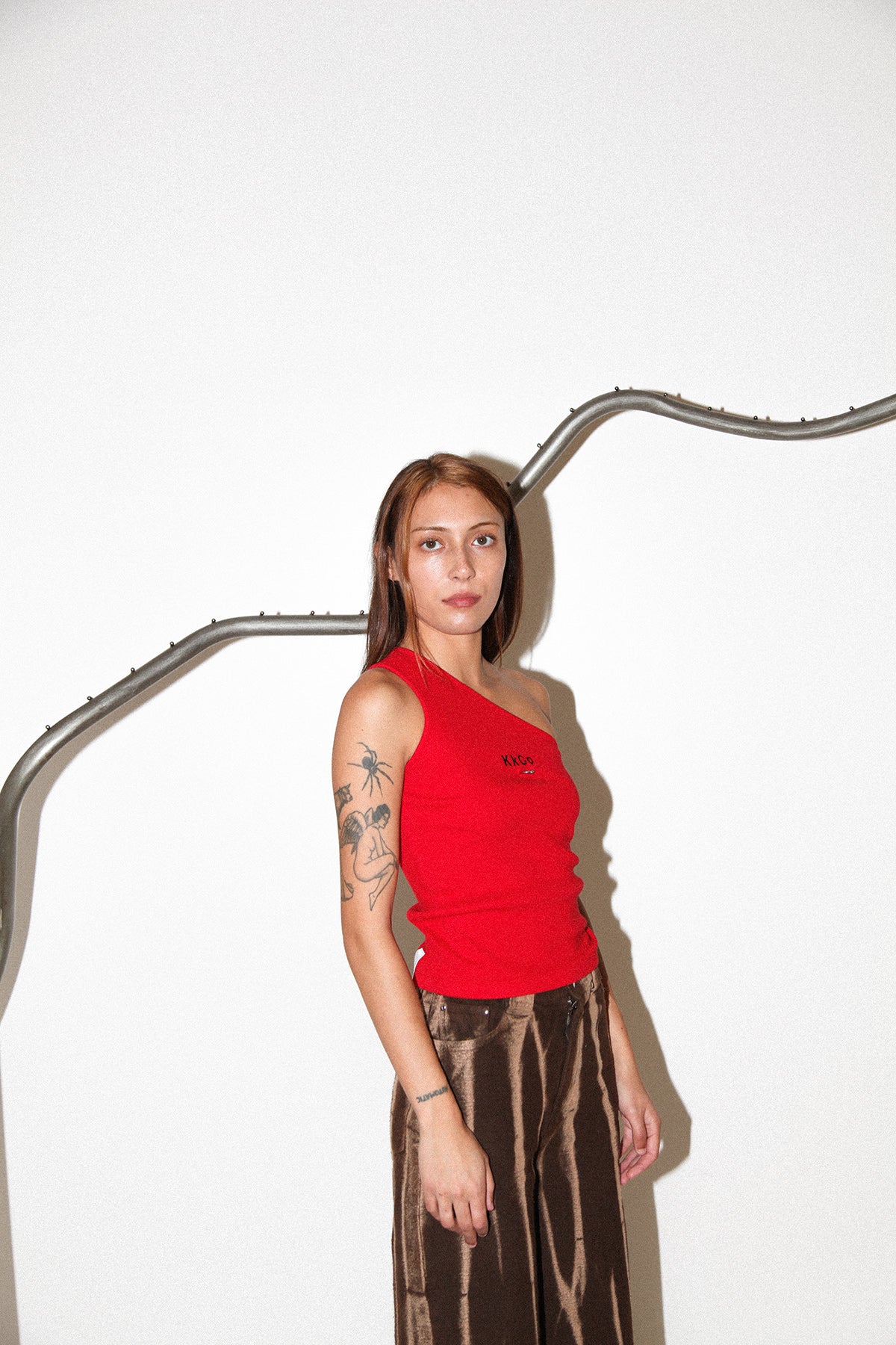 Pierced One Shoulder Rib Tank in Red