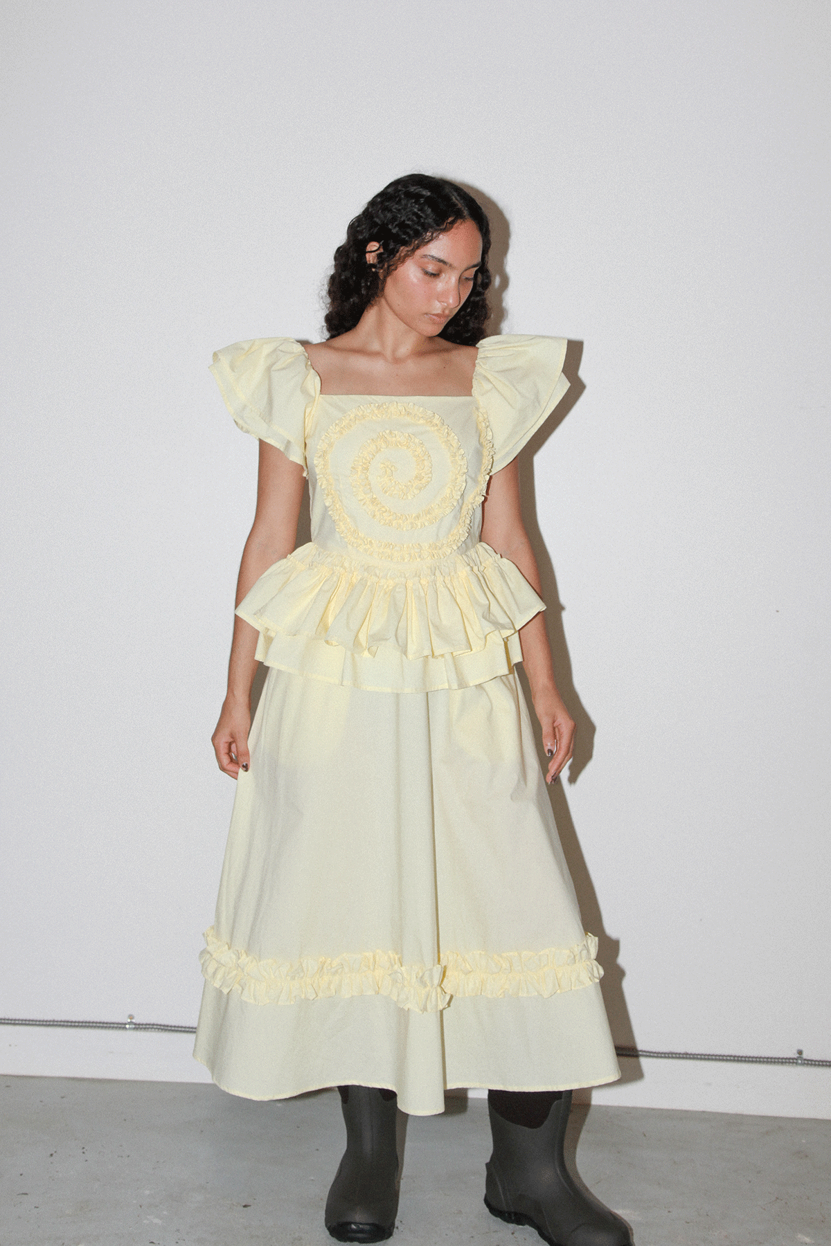 Spiral Ruffle Dress in Butter