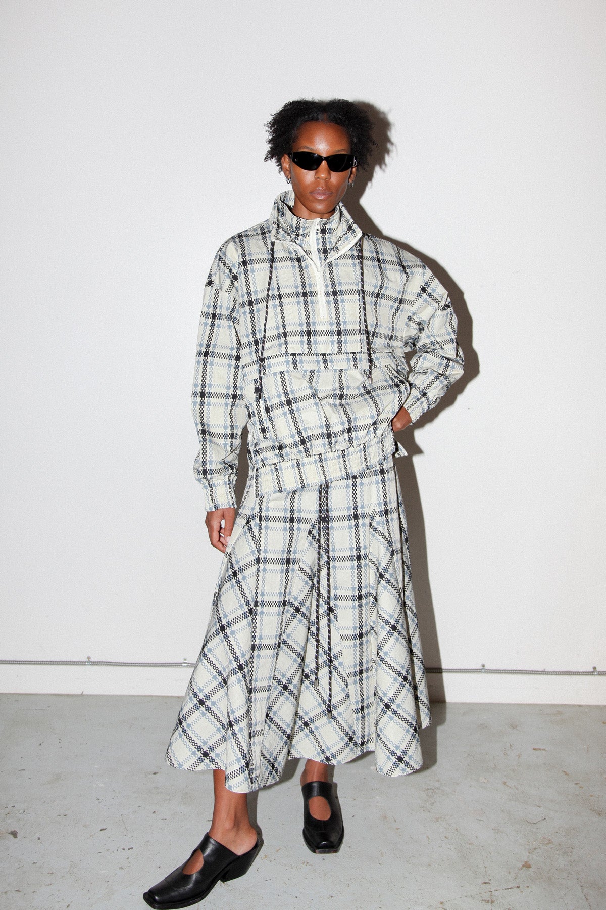 Plaid Trail Double Mockneck in Ecru Plaid
