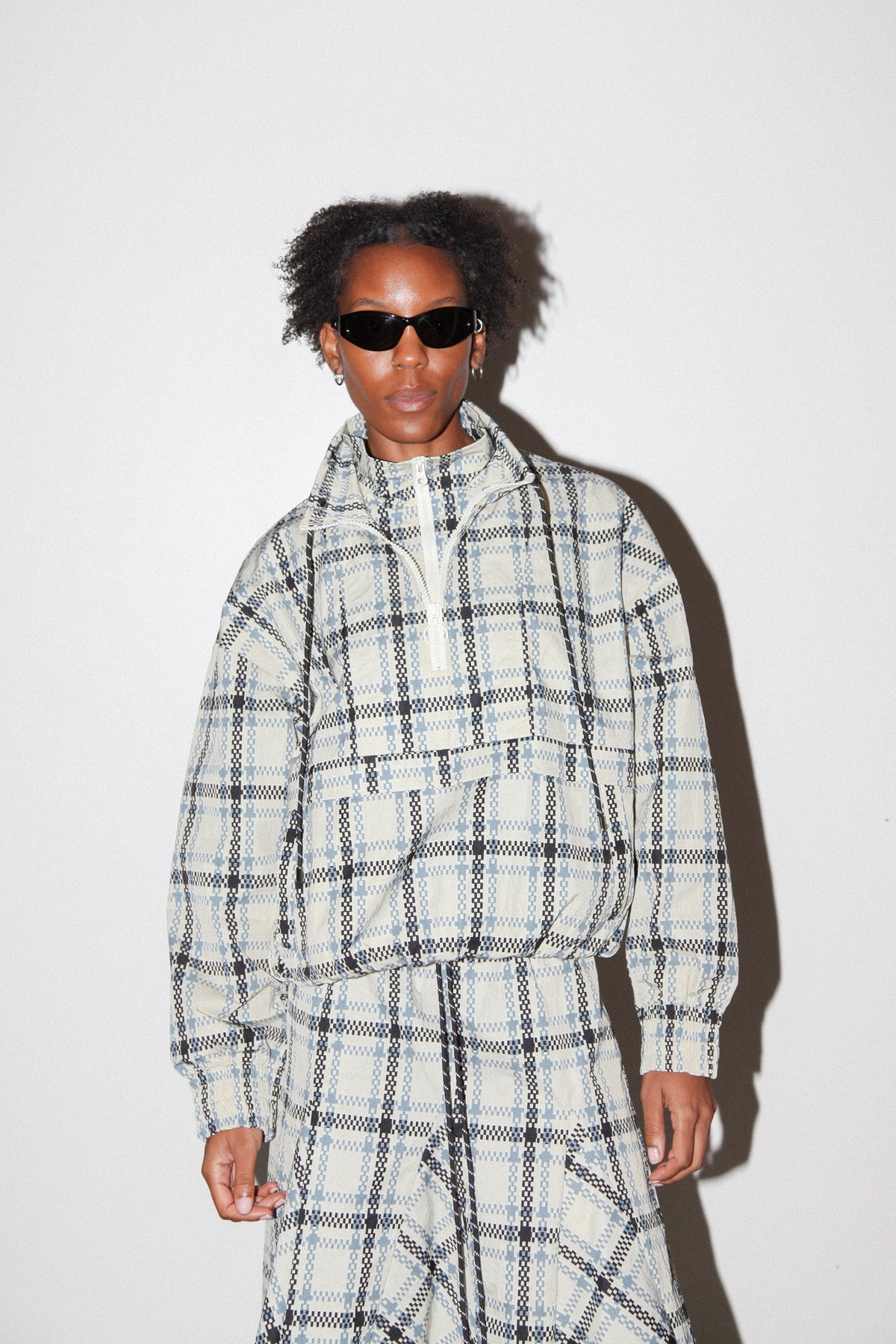 Plaid Trail Double Mockneck in Ecru Plaid