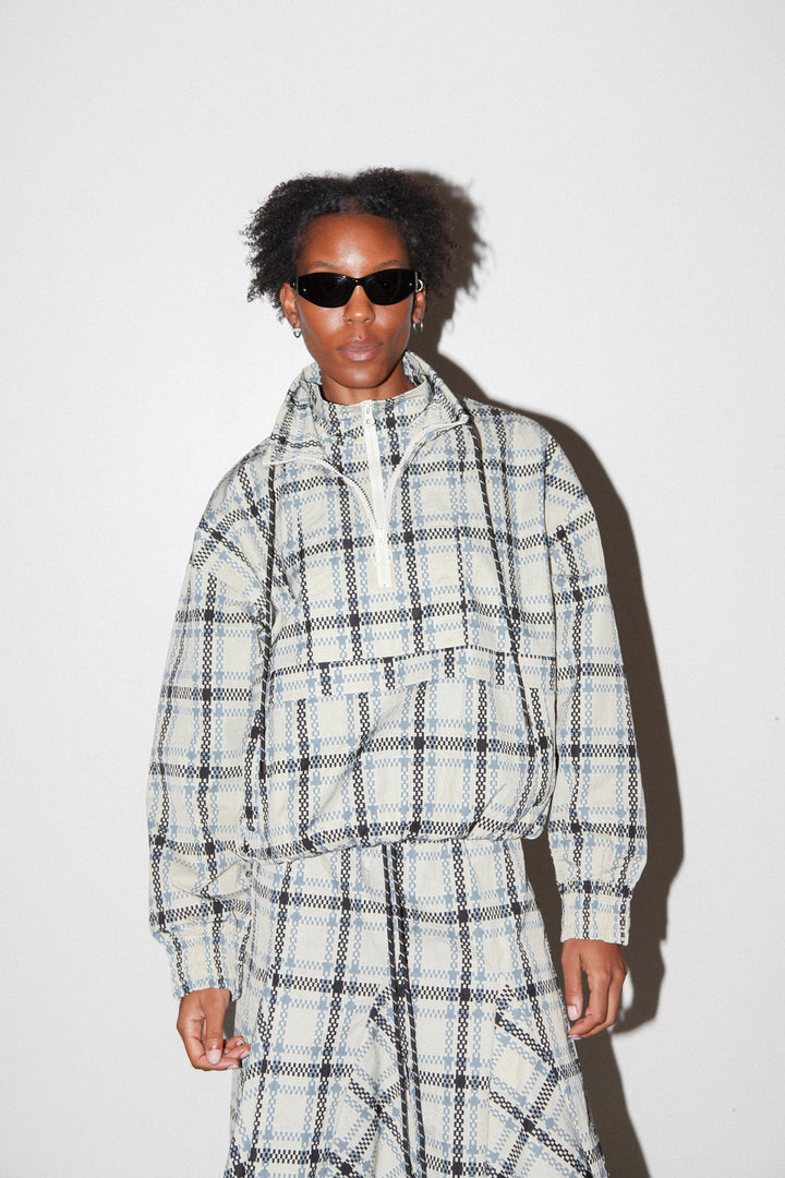 Plaid Trail Double Mockneck in Ecru Plaid