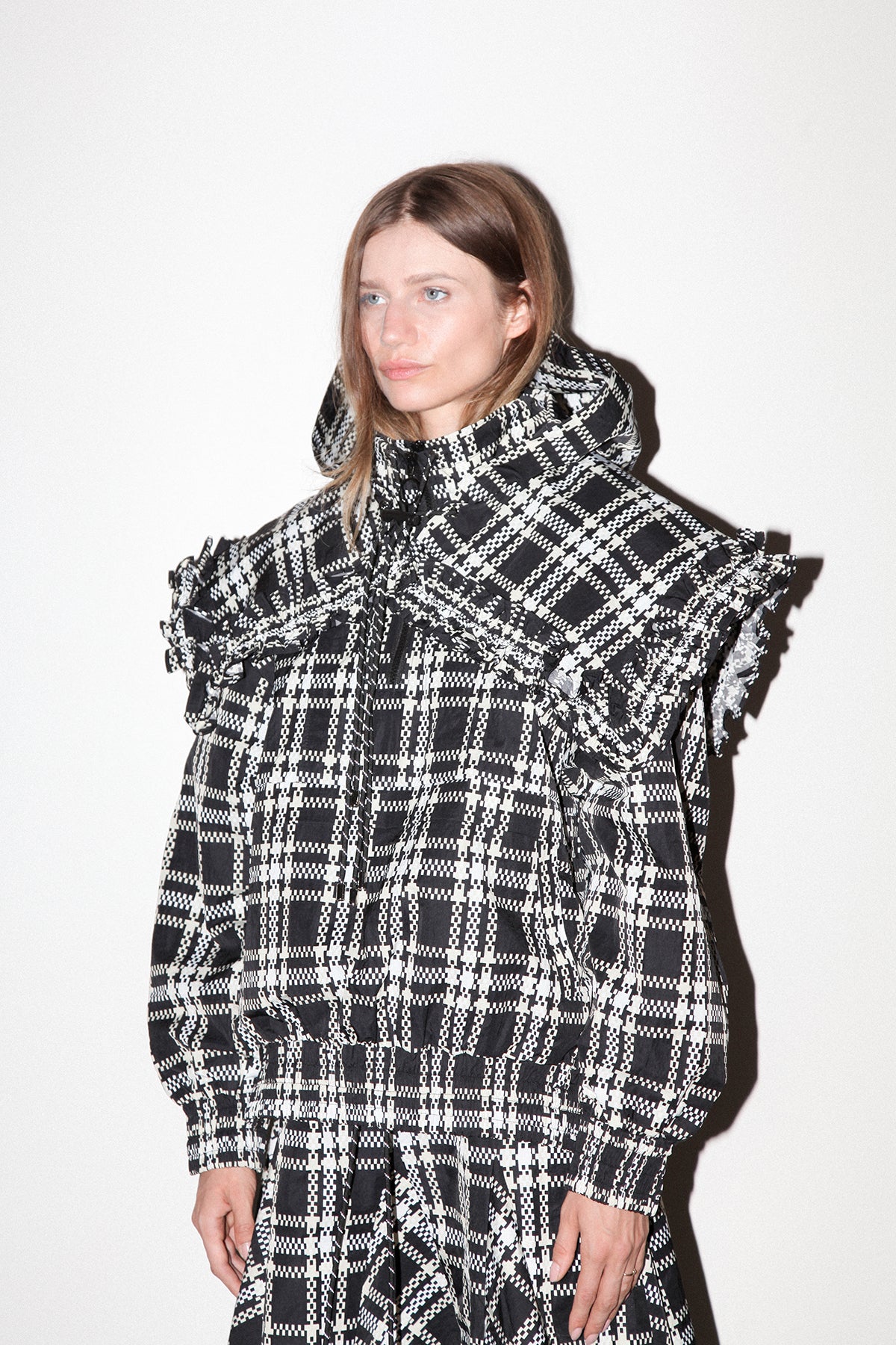 Plaid Hooded Collar in Black Plaid