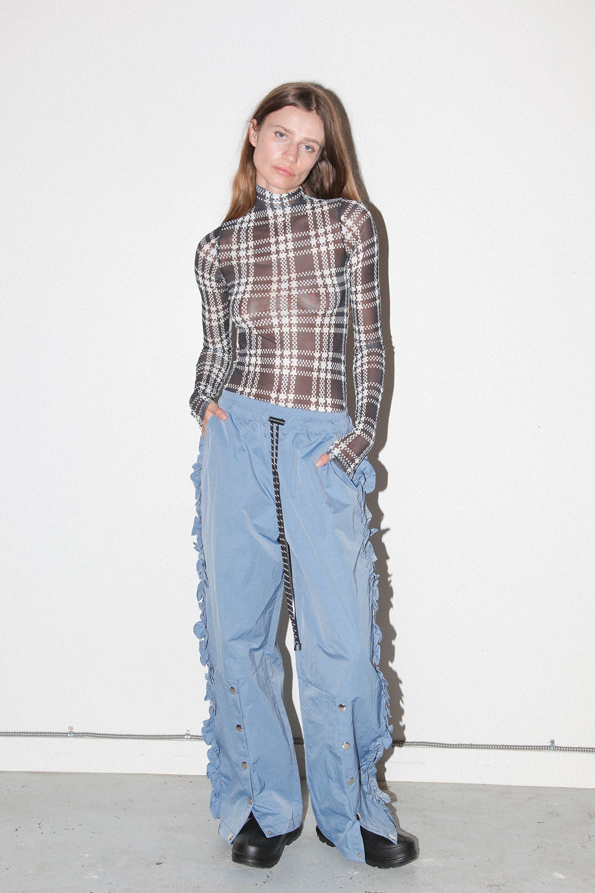 Ruffle Split Track Pant in Lake