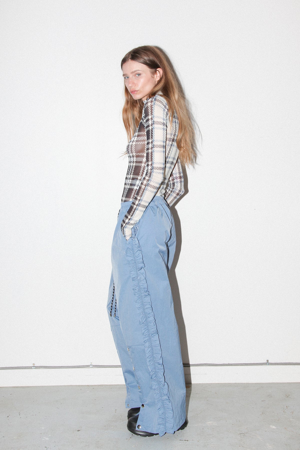 Ruffle Split Track Pant in Lake
