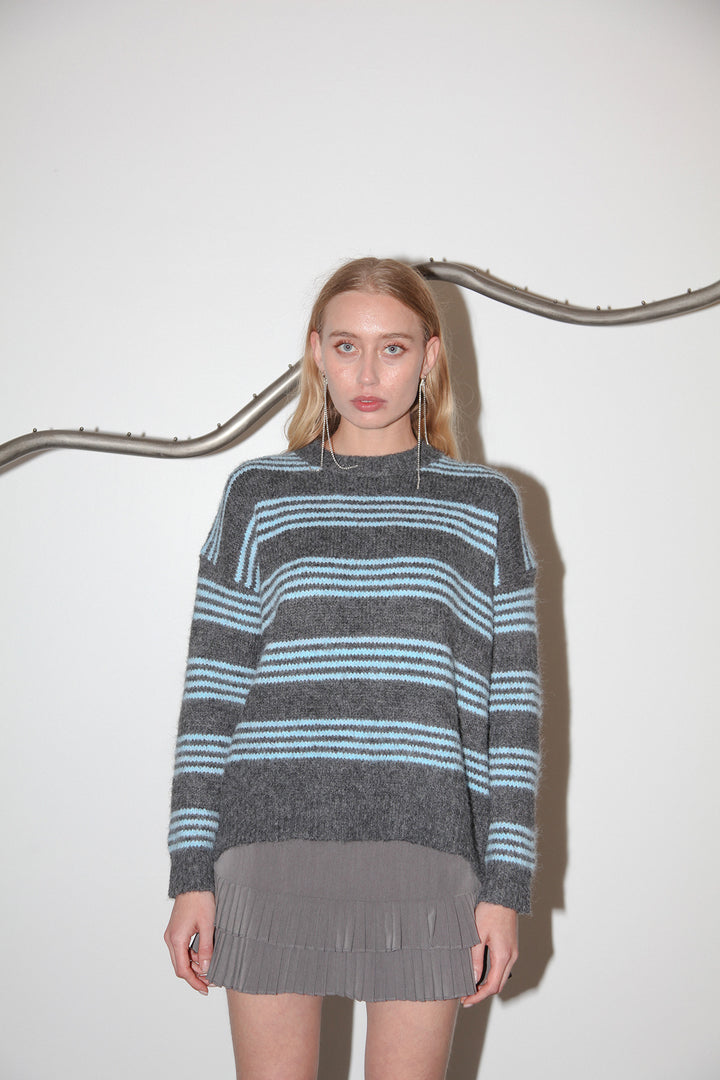 Studio 207 Stripe Knit Crewneck Sweater in Charcoal & Blue