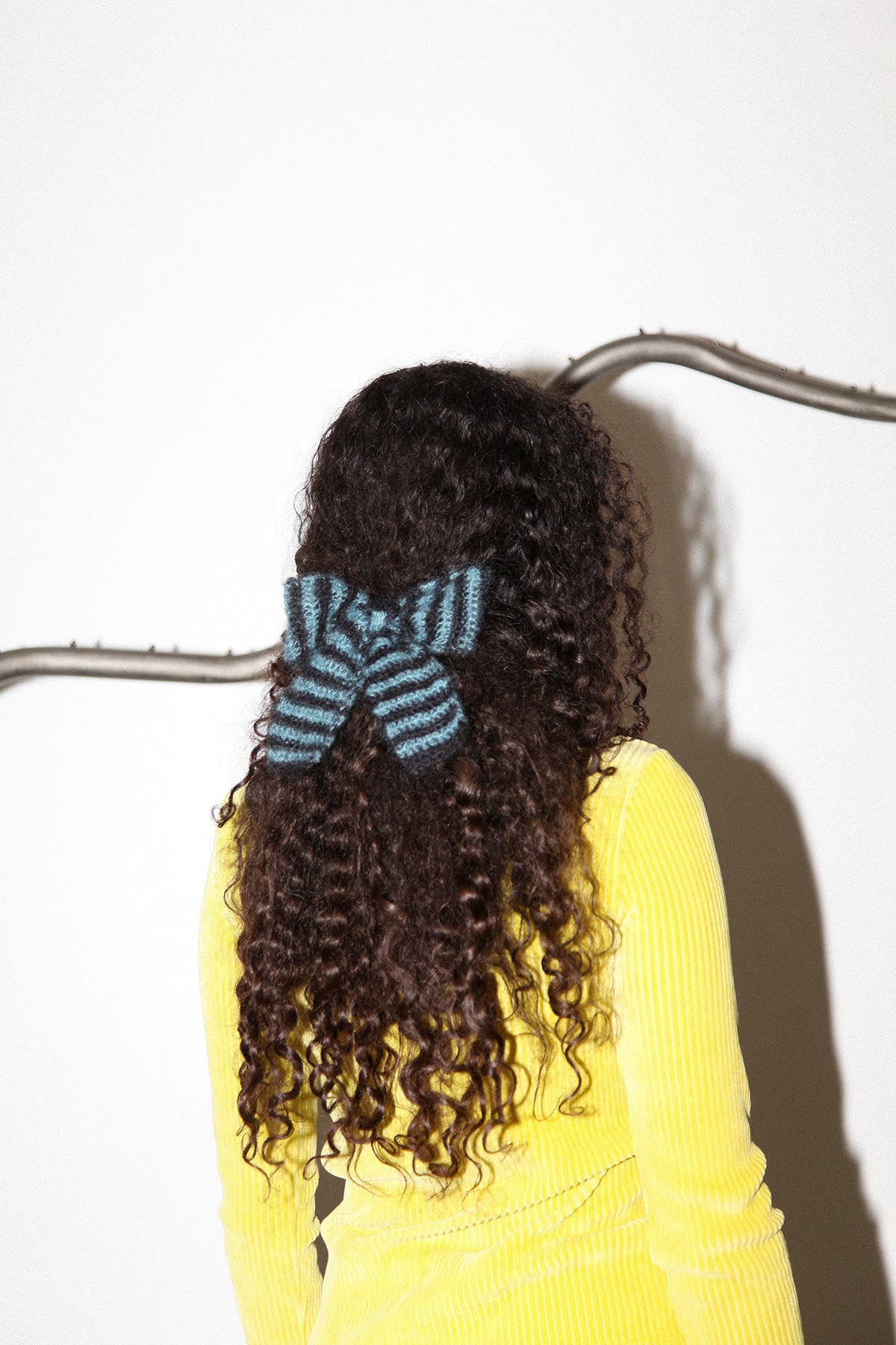 Funny Sad Stuff Medium Crocheted Bow in Black & Blue Stripe