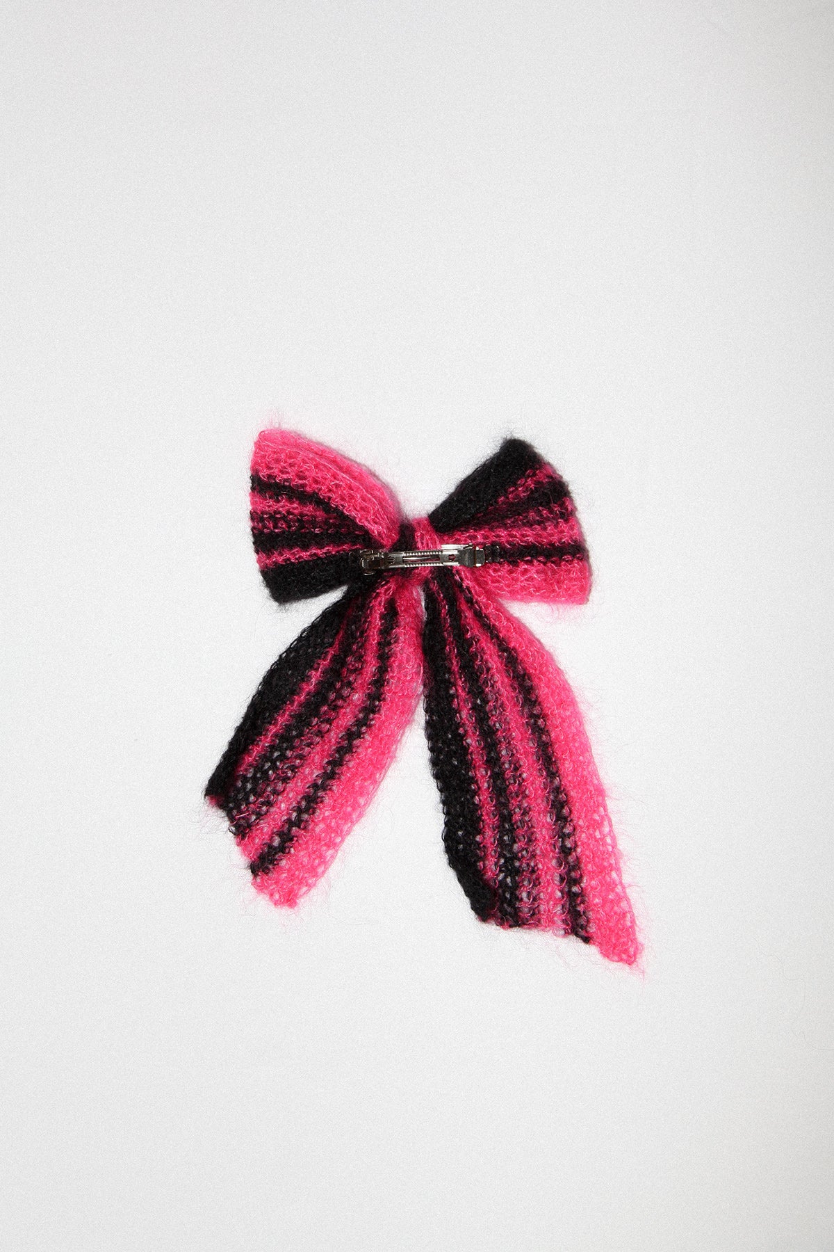 Funny Sad Stuff Large Crocheted Bow in Black & Fuchsia Stripe