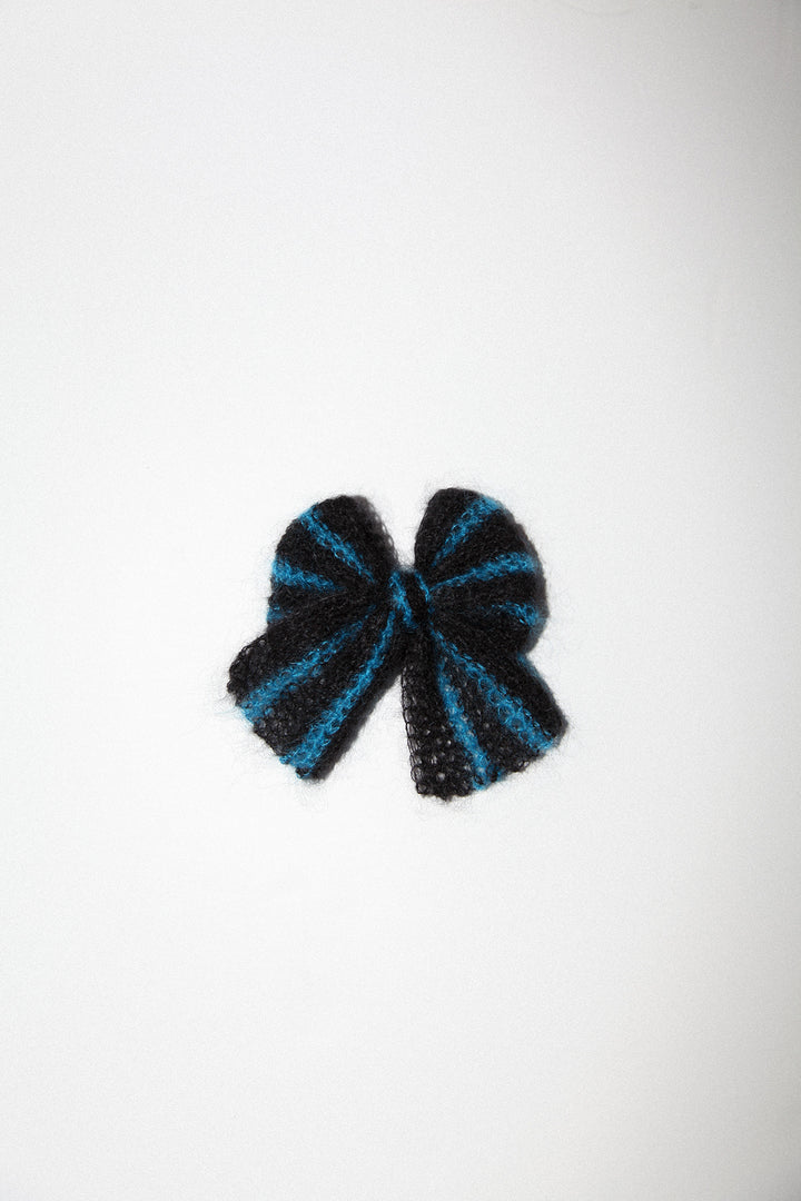 Funny Sad Stuff Medium Crocheted Bow in Black & Cobalt Stripe
