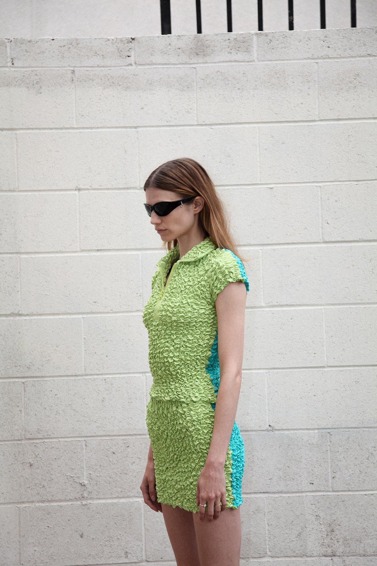Split Popcorn Mini Skirt in Lime & Aqua