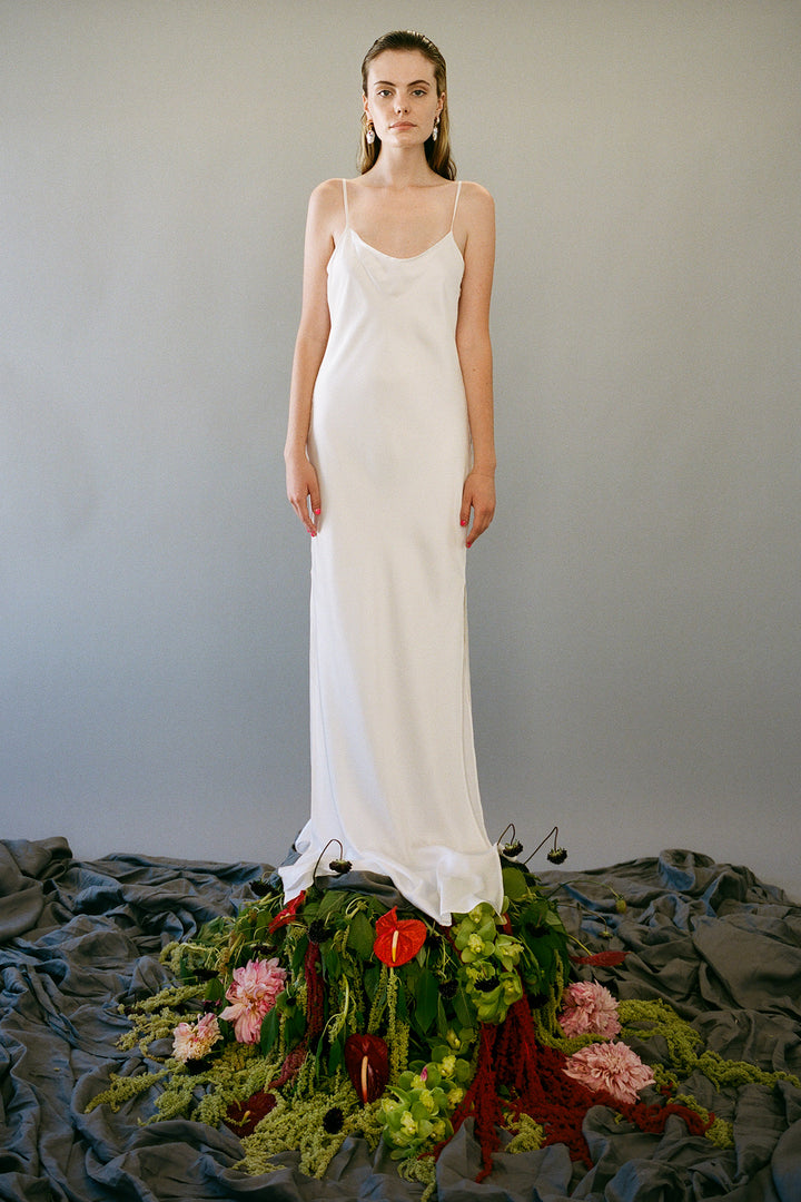 Long Silk Slip Dress in Pearl