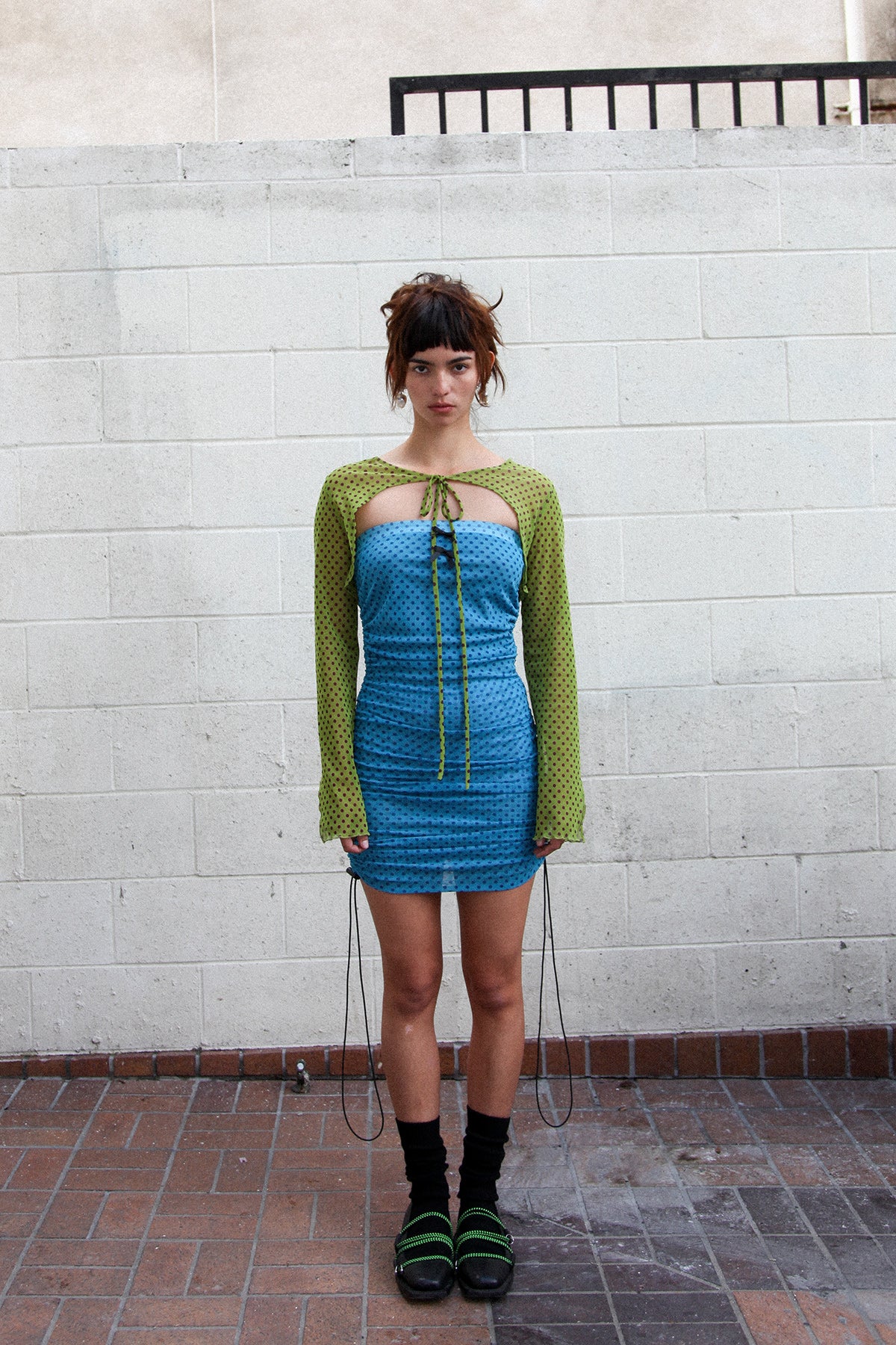 Scrunch Mini Dress in Turquoise Hypermesh