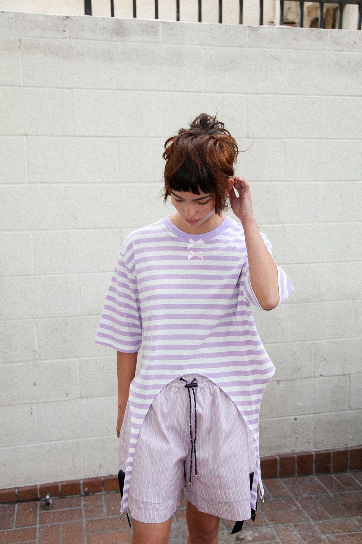 Annika Garter Tee in Striped Lilac