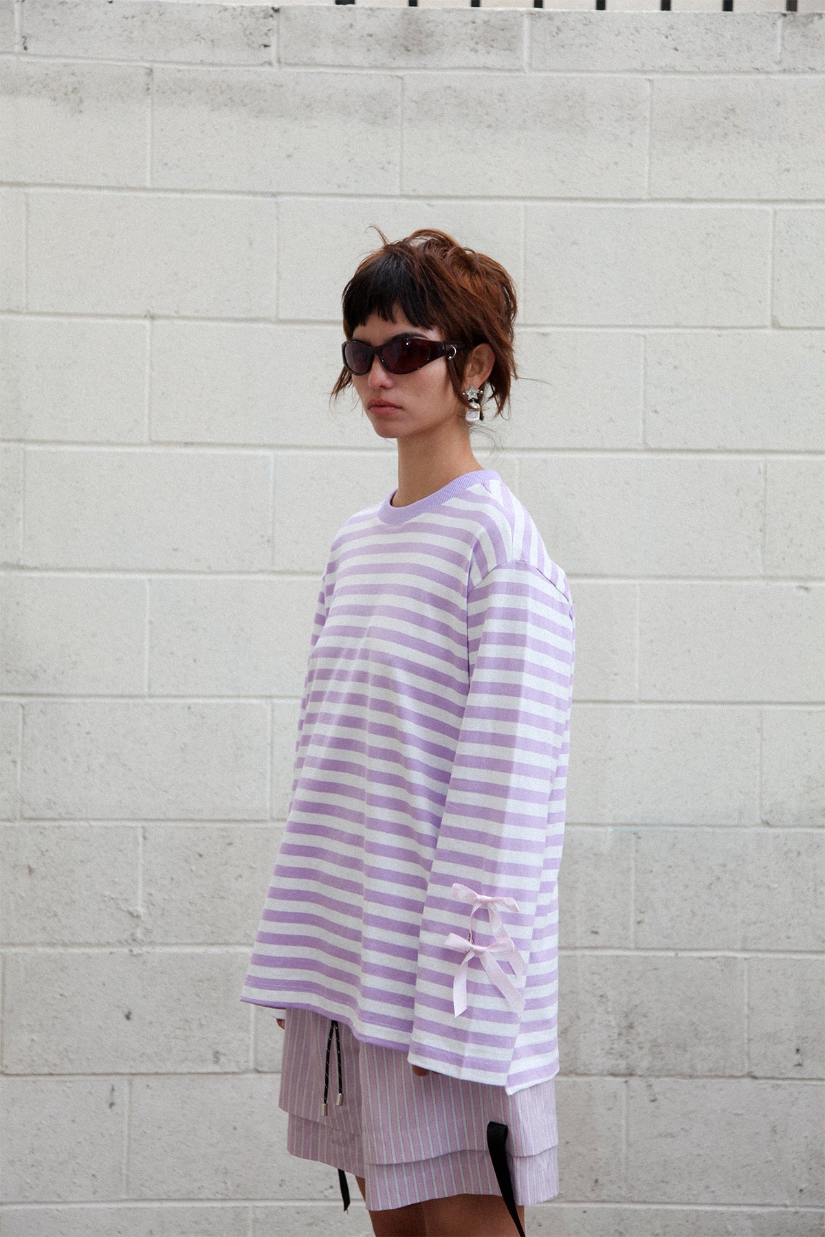 Long Sleeve Box Tee in Striped Lilac