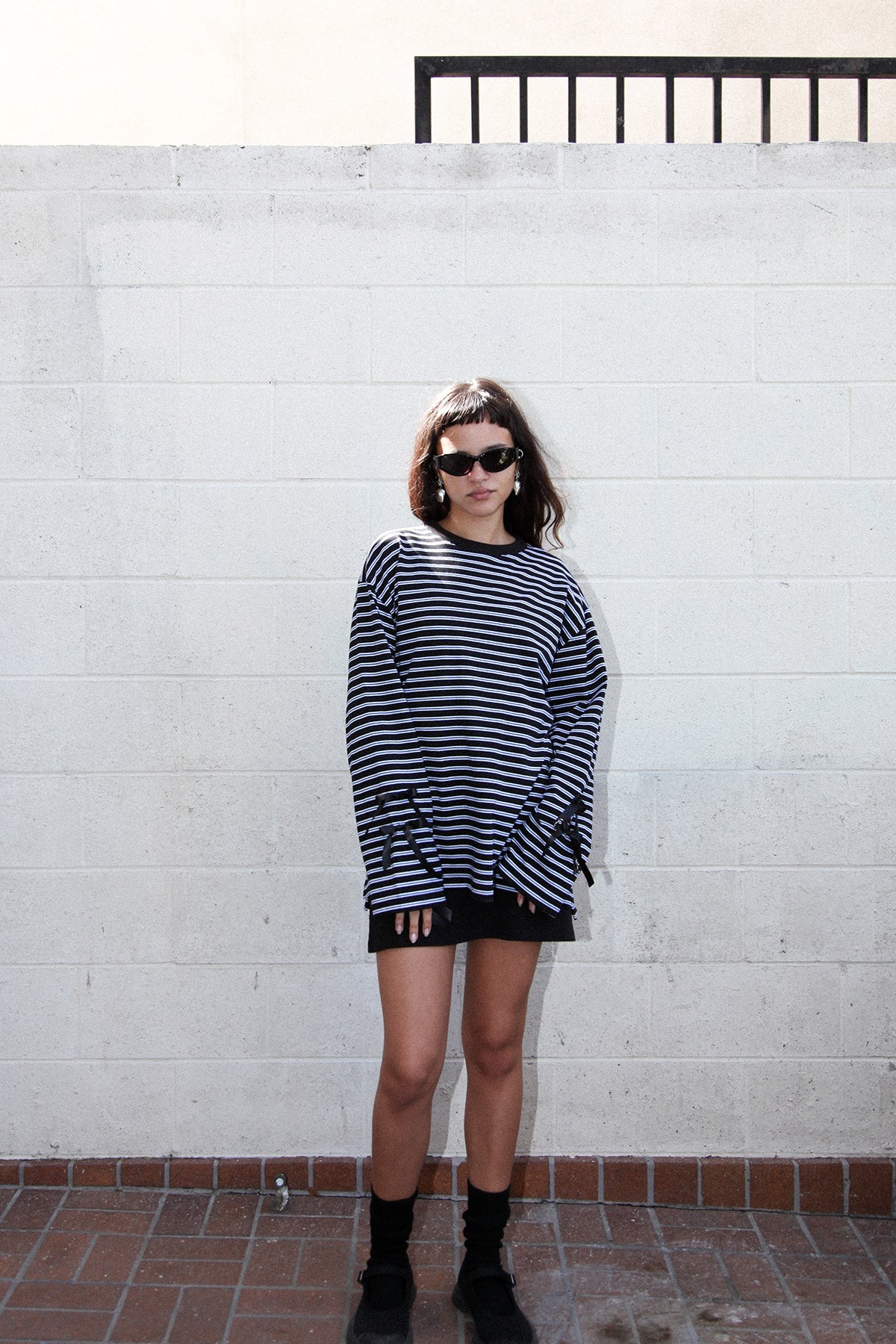 Long Sleeve Box Tee in Striped Black