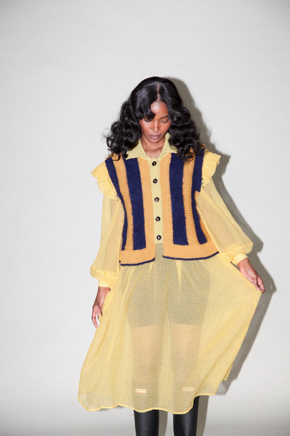 Fuzz Striped Vest in Marigold Navy