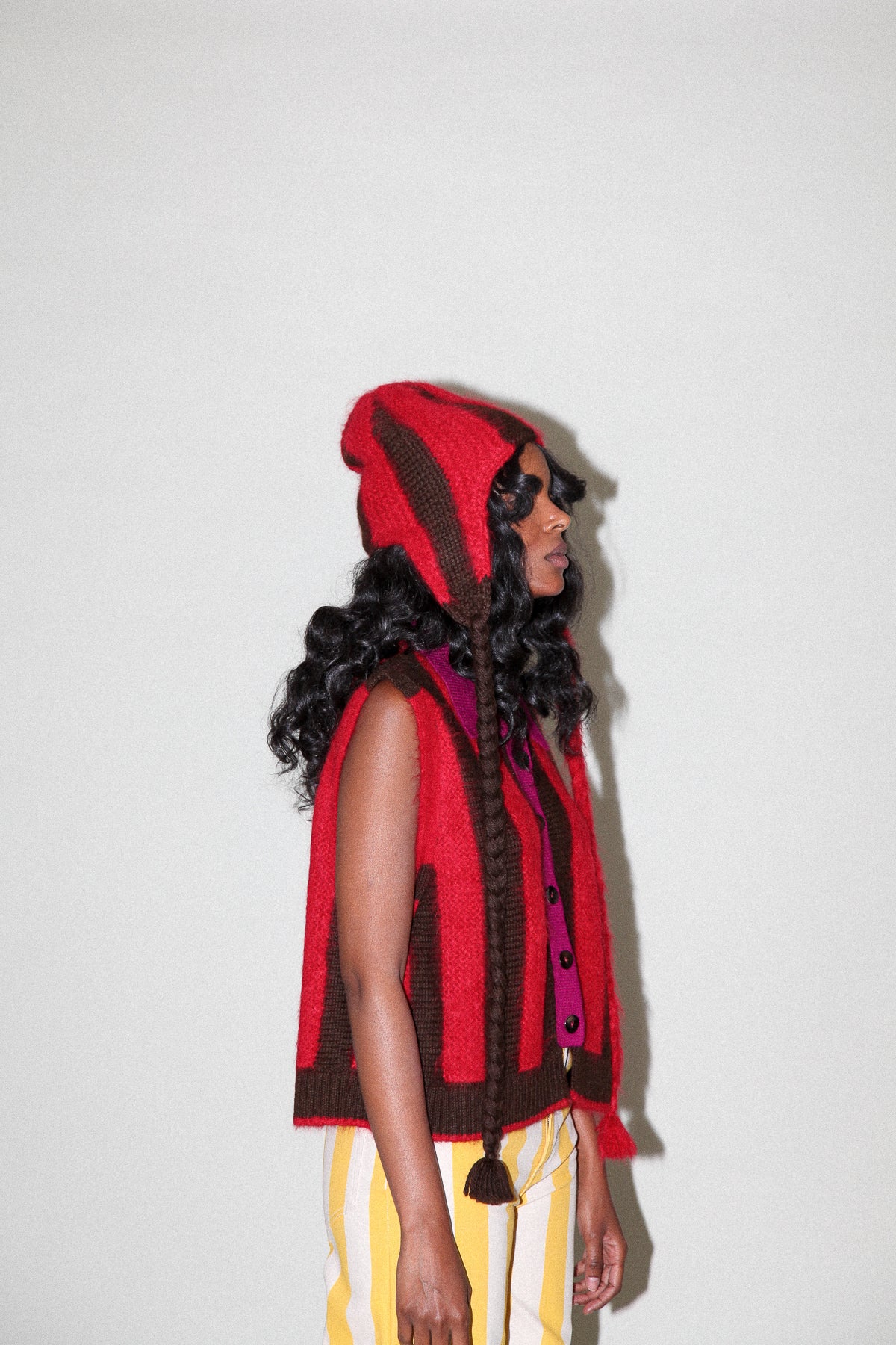 Fuzz Striped Earflap Beanie in Cherry Chocolate